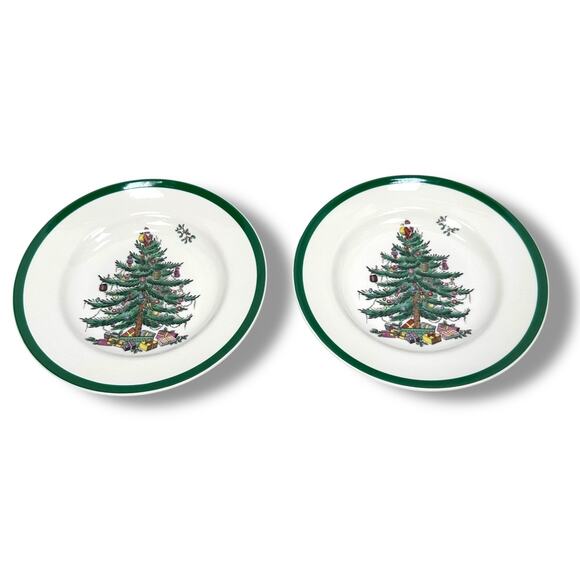 Spode Christmas Tree Bread Plates 6.5" White Green Trim Lot of 2 Round S3324S - Picture 1 of 6